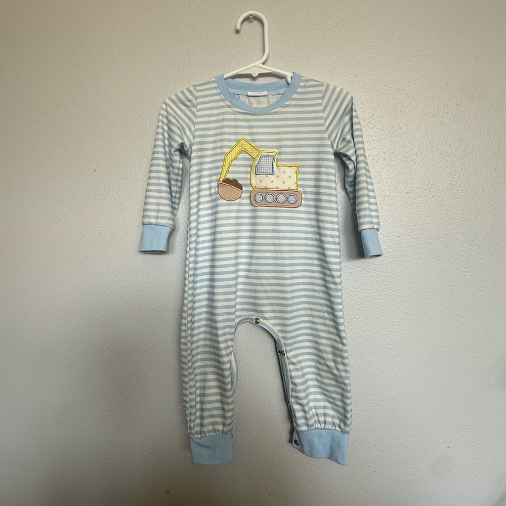 Blue Striped Kids Footie with Excavator Design